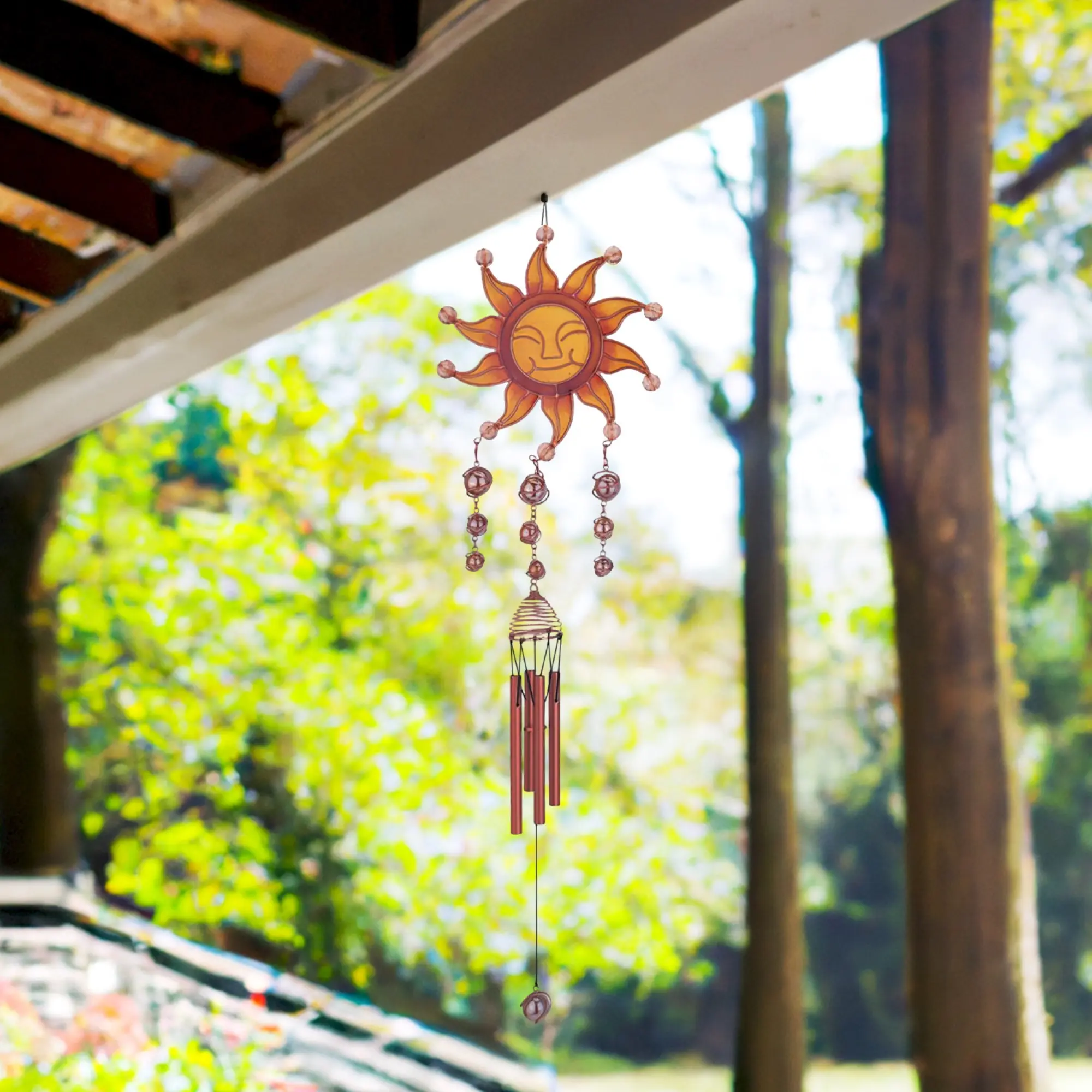 31" Long Wind Chime Copper & Gem Sun Face Hanging Wind Chime