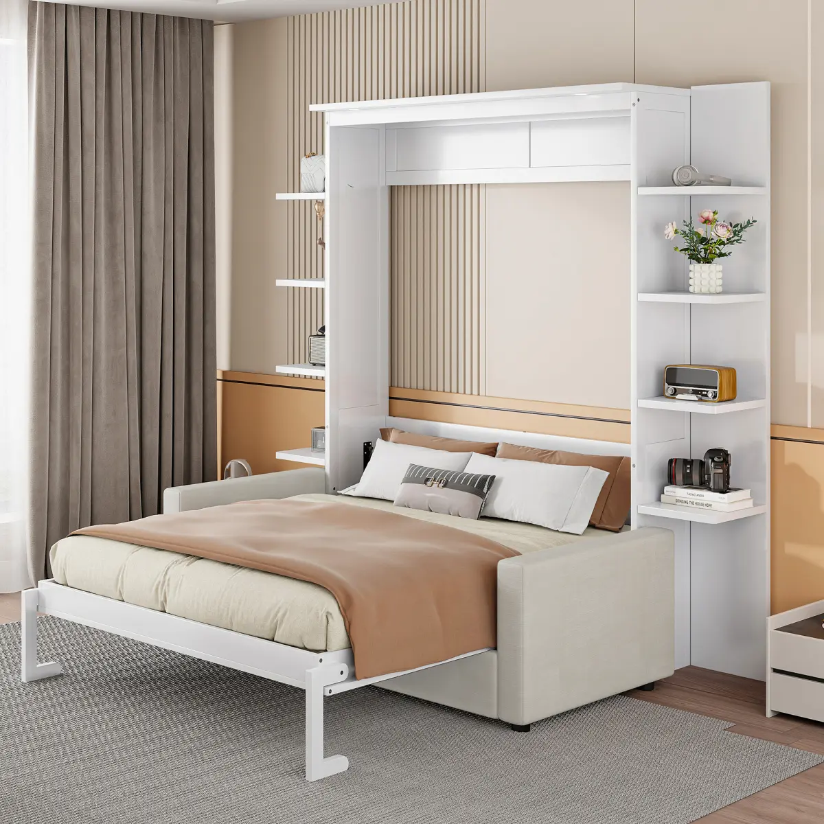 White Queen Size Murphy Bed-Sofa Chair Combo Item, MDF+LVL, 10 in Thick Cushion, Storage, 600lbs Capacity, 303.39 lbs Weight, Assembly Required, 86.9"l x 90.4"w x 87.6"h, Suitable for >12 Yrs Old (OLD SKU:LP000591AAK-1), Home Gym Use