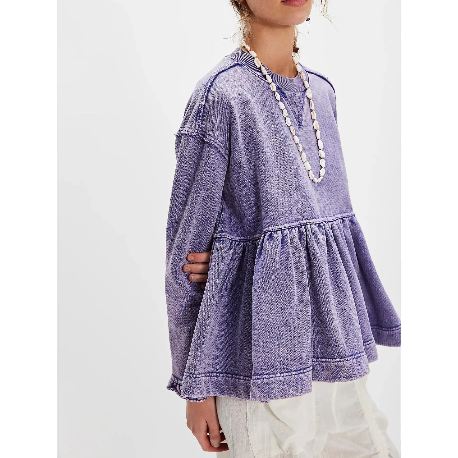 Women Peplum Ruffle Babydoll Sweatshirt Crew Neck Long Sleeve Drop Shoulder Tunic Top Y2k Flowy Baggy Pullovers