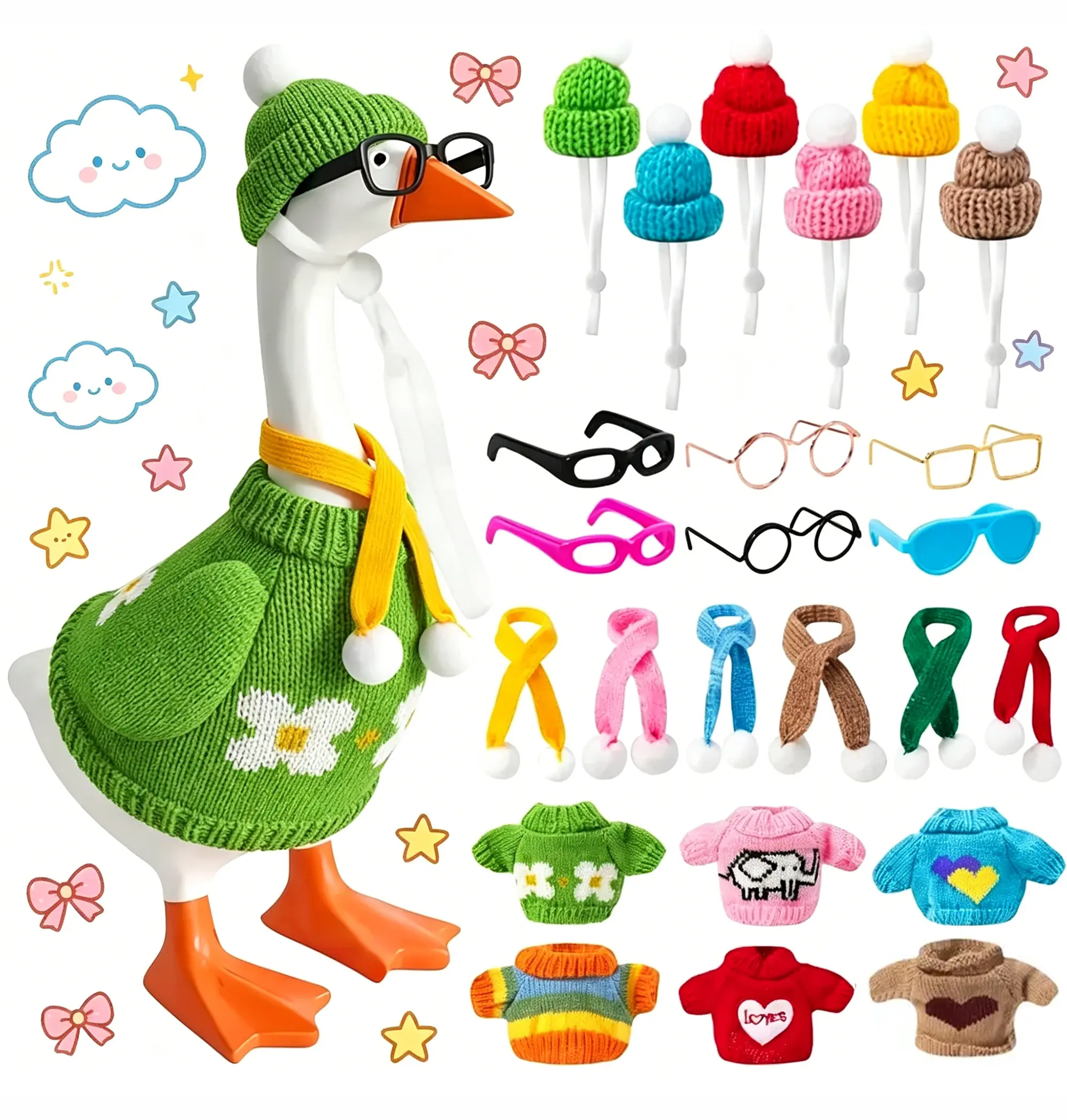 6-Set 7in Polyester Knitted Sweater & Hat Costumes for Mini Desk Goose Statue, 6 Cute Elephant Patterns, Cool Floral/Striped Designs, Soft Safe Textile, Woven Stitch Art, for Birthdays & House Decoration (Toys & Hobbies DIY Felt Crafts), Cozy Knit, 6 Cute