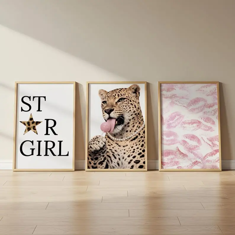 Pink Leopard Wall Art Set of 3, Y2K Girly Apartment Decor, Stockholm Style Prints, Instant Digital Poster