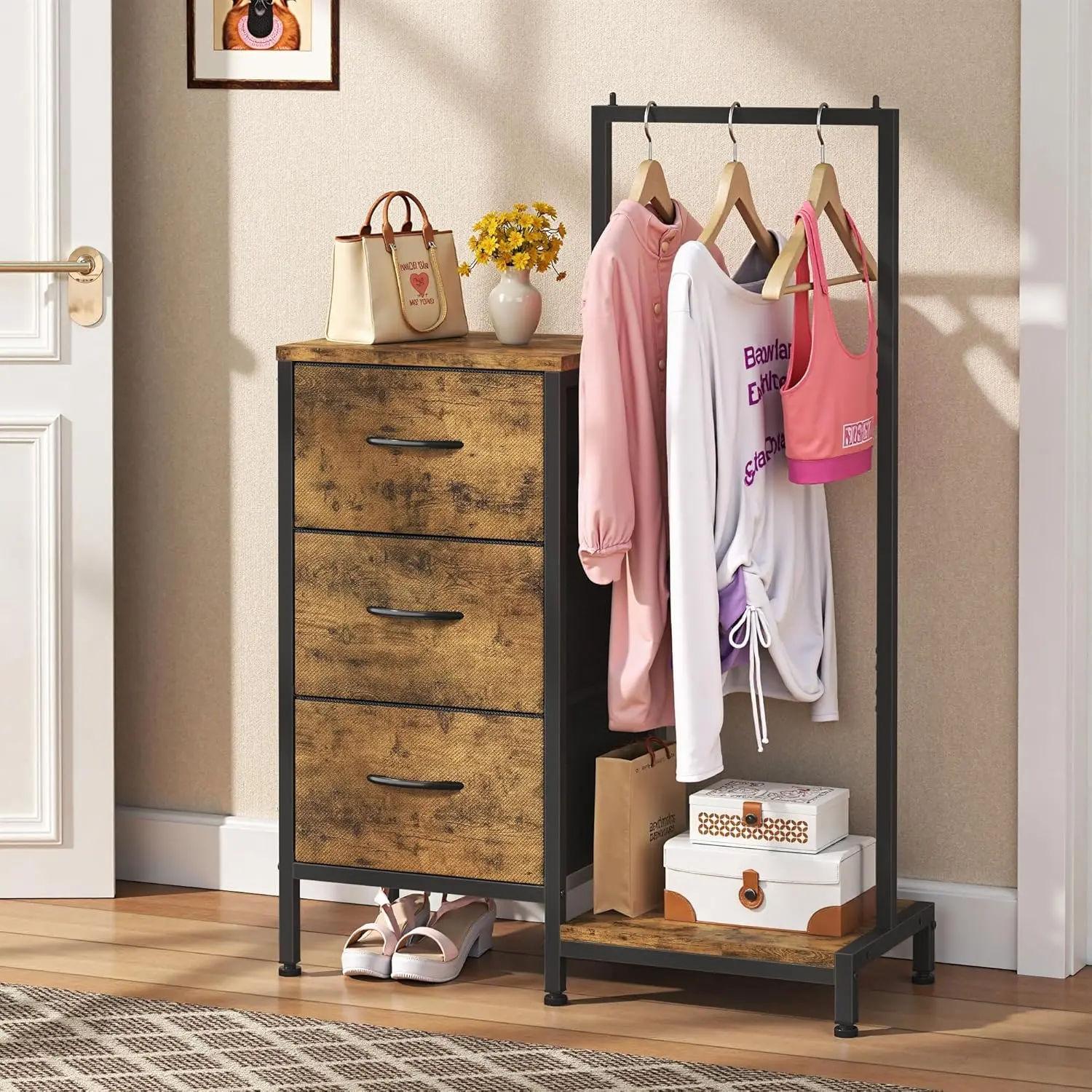 Compact Alloy Steel Bedroom Wardrobe with Hanger, 3 Drawers, Double-Sided Fabric Drawer Cabinet, Tall Closet Storage Cabinet, Sturdy Frame, Functional Look Space Saver, Clothes Storage, Space Savers