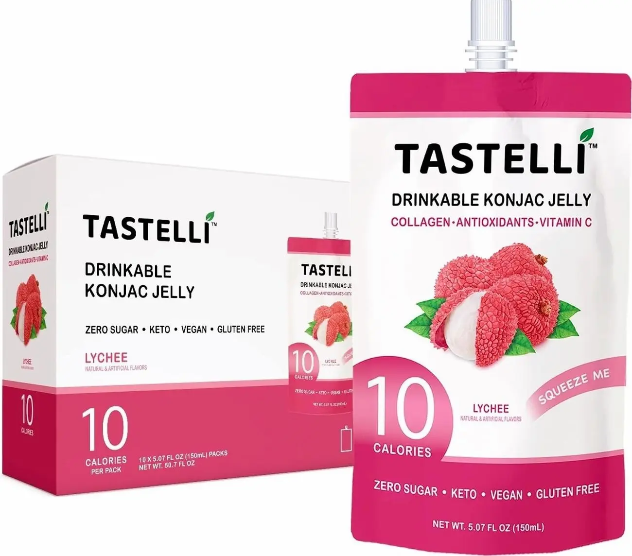 Tastelli Konjac Jelly Infused with Collagen Drink + Vitamin C + Antioxidants / 10 Calories, Vegan, Zero Sugar/Healthy Drinkable Dessert Pouch / (Lychee) - 150mL x 10 Pouches