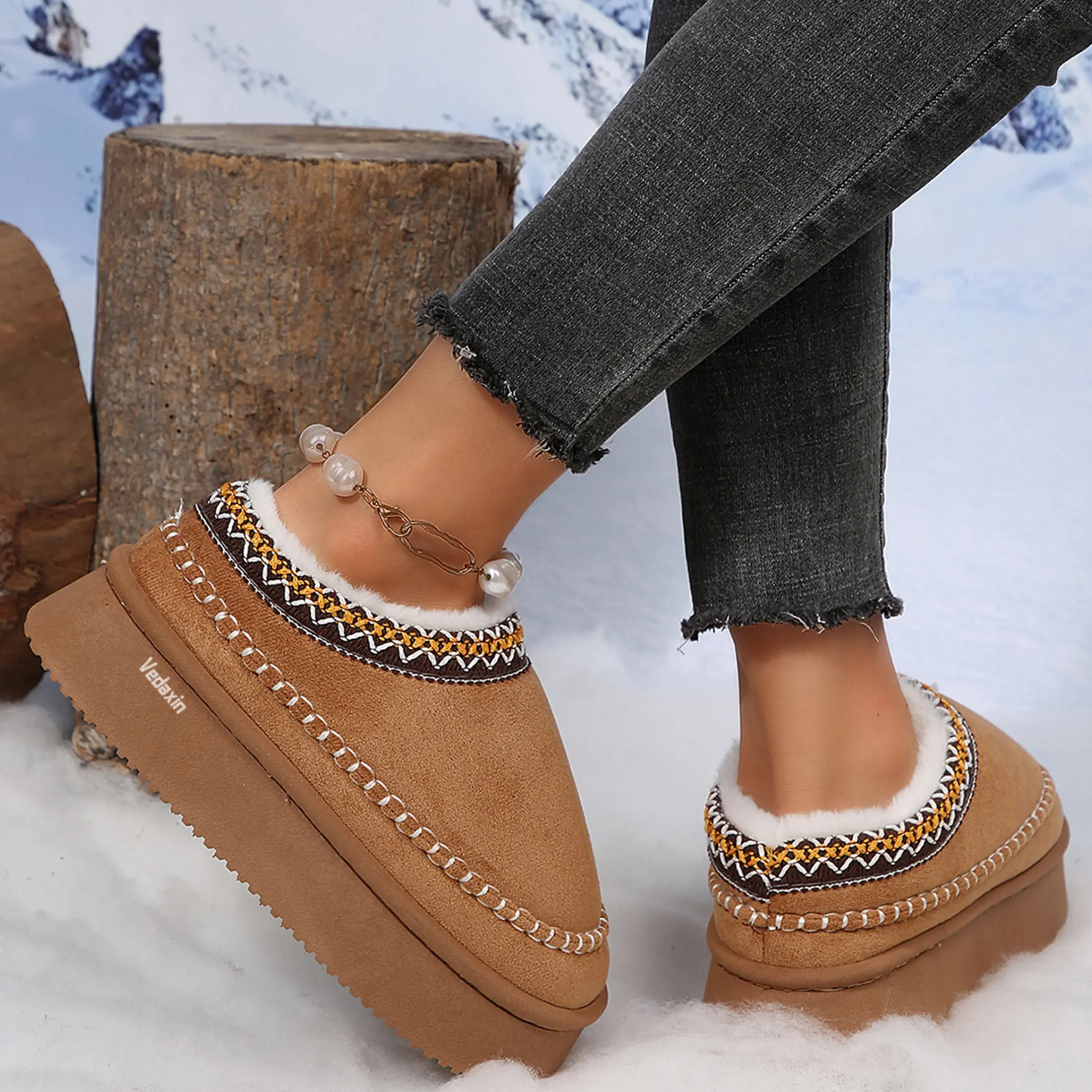 Women's Waterproof Mini Snow Boots Warm Slip On Light Fleece Slippers Non-Slip Indoor Outdoor Classic Shoes Springfresh