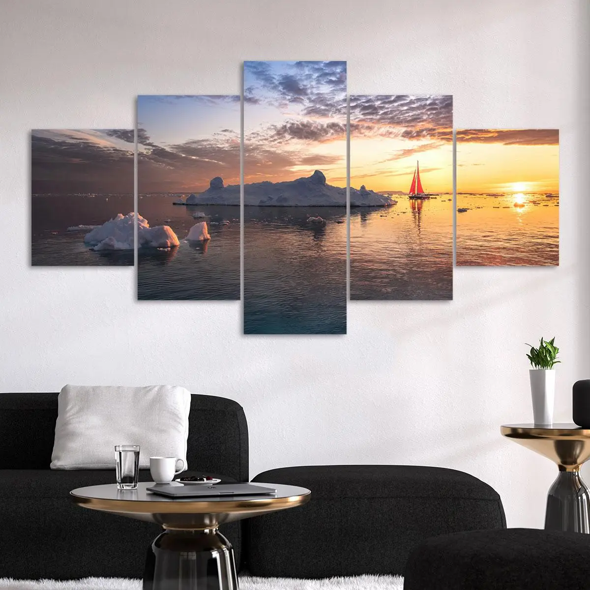 Ice Sea Sunset Voyage Canvas Painting, 5 Counts/set Exquisite Natural Scenery Wall Art, Modern Wall Art for Home Living Room Bedroom Office Decor, Poster