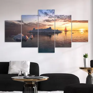 Ice Sea Sunset Voyage Canvas Painting, 5 Counts/set Exquisite Natural Scenery Wall Art, Modern Wall Art for Home Living Room Bedroom Office Decor, Poster