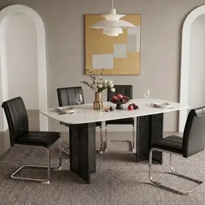 [Fahuac] 51.2x27.6x29.5in Dining Table - Marble Pattern Glass, Hollow Metal Legs, for 6 People.
