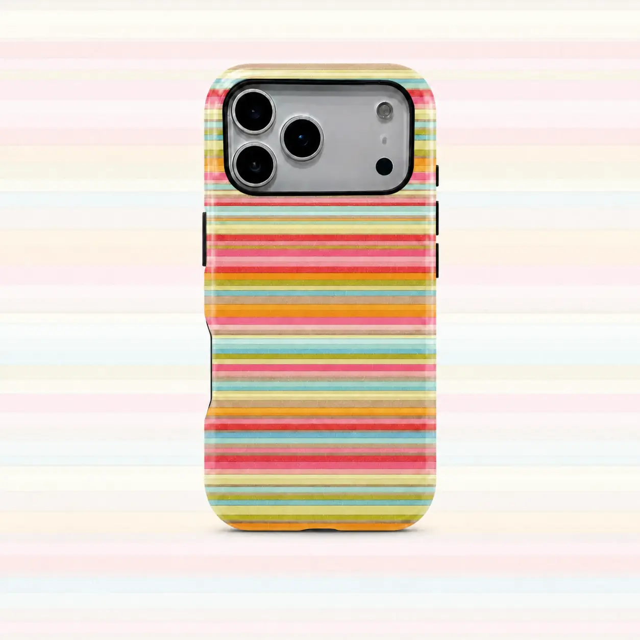 Retro Micro Rainbow Horizontal Stripe Pattern Phone Case | Very fine multicolor horizontal bands in Pink Blue Green Yellow and Orange for iPhone 17 16 15 14 13 12 11 Pro Max Plus Air, Glossy 2-in-1 Shockproof Case, for a Nostalgic Everyday Look