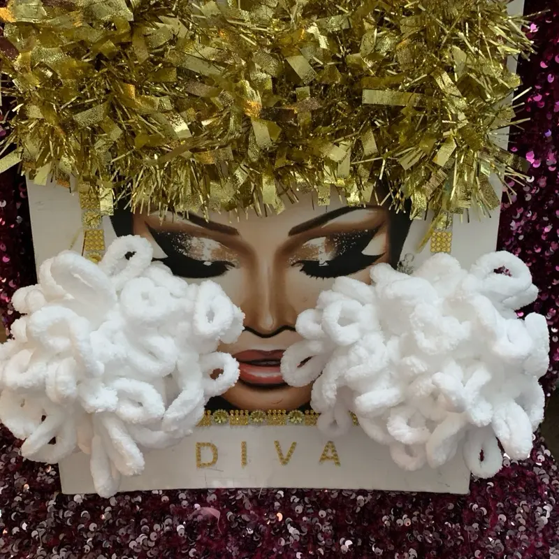 EXTRA LARGE Diva Handmade Yarn Fluffy Earrings Gold Tinsel & White Fluffy Design Pierced Puff Balls & Loop Statement Accessories