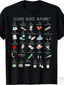 Summer Short-Sleeved Printed T-Shirt for Men And Women, Made of Pure 220G, Featuring School Nurse Alphabet Abcs to Show Appreciation for Nursing