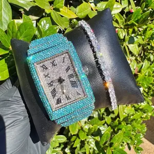 Full Iced Band Bling Out Simulated Diamond Luxury Statement Watch & White Gold Finish VVS Diamond Tennis Bracelet Set