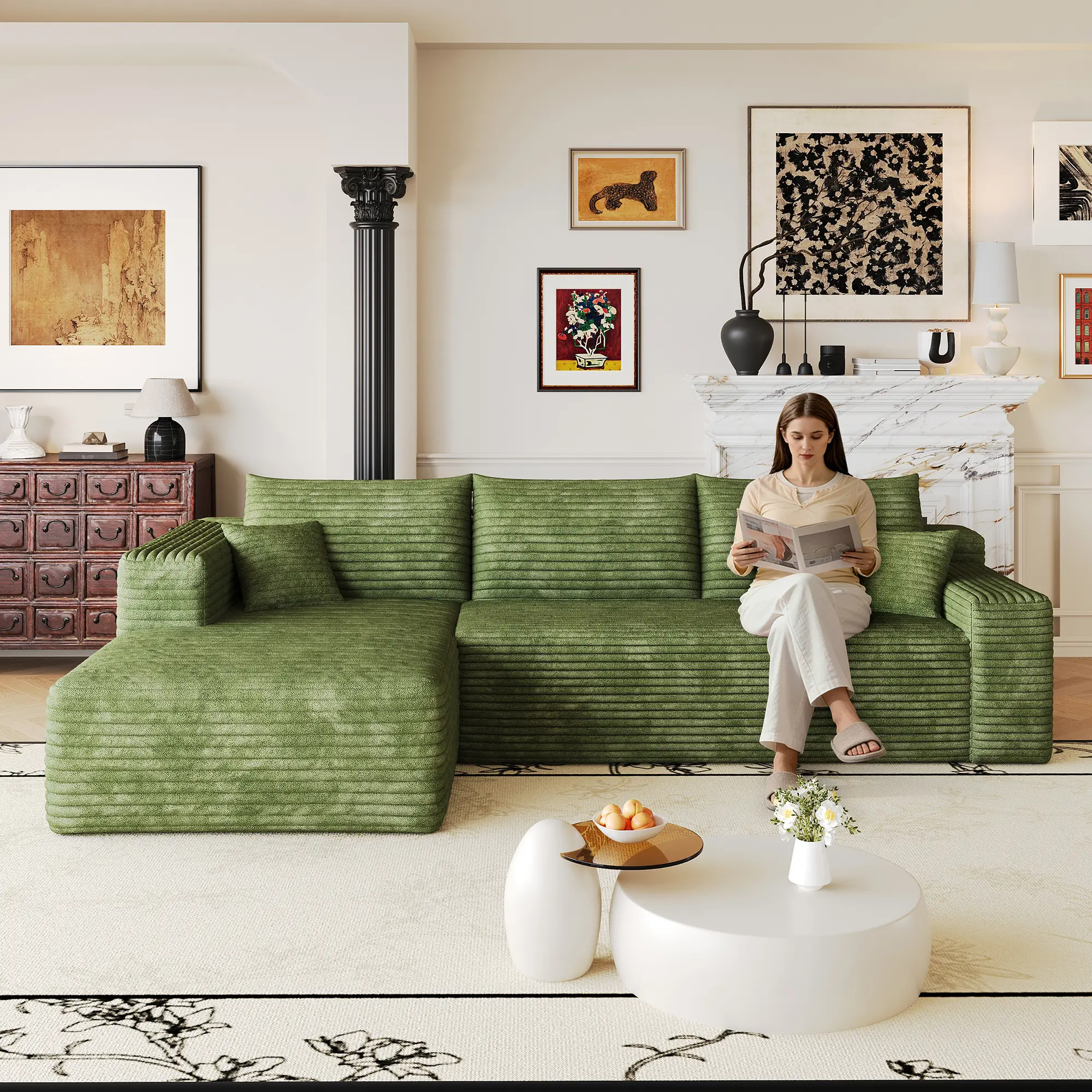 103" Cloud Sectional Sofa for Living Room, L-Shaped Corner Couch with Chaise, 3-Seat Deep Seat Upholstered Sofa, Plush Corduroy Fabric, Green, No Assembly Required, Modern Minimalist Design for Primary Living Space, Green Color Options