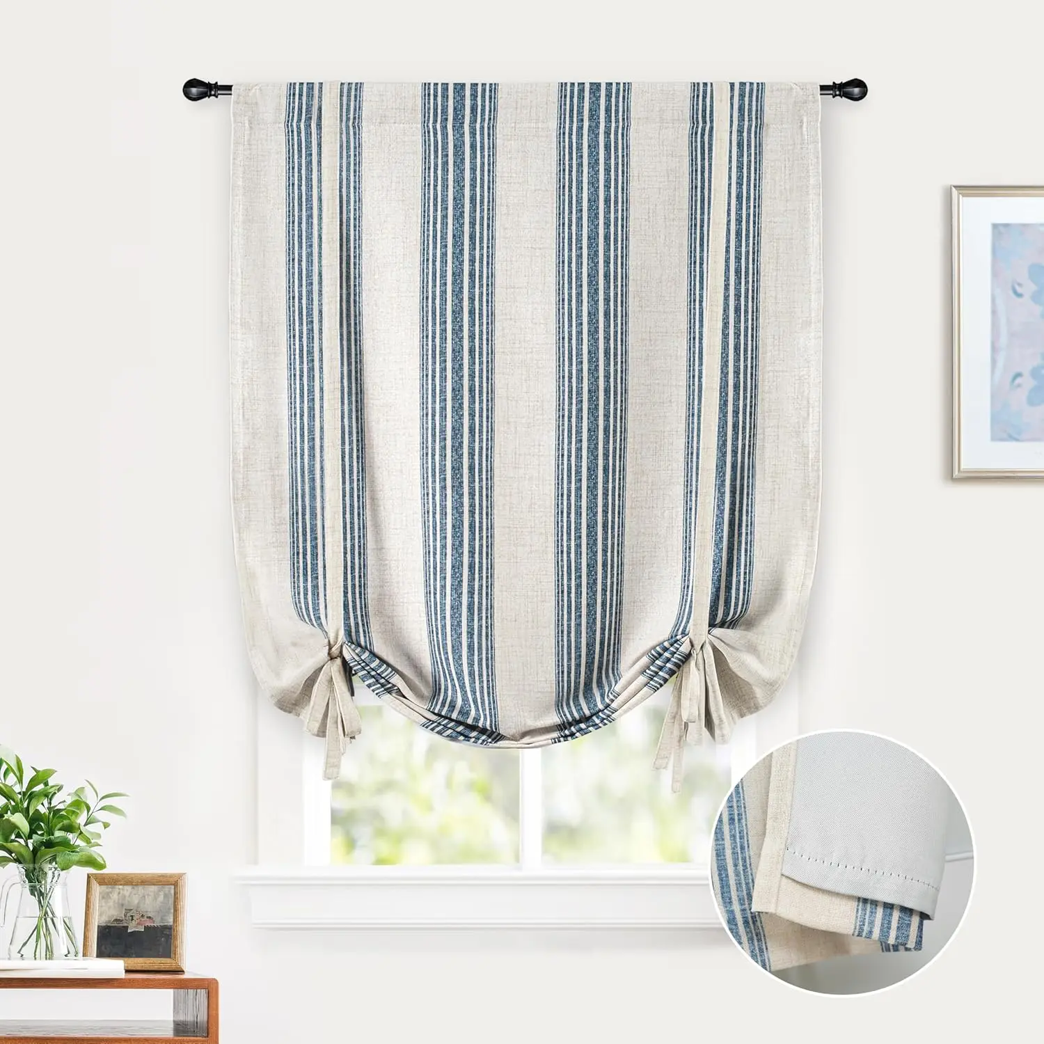 Chris Double Layer Linen Blackout Tie-Up Curtains - Synthetic, Durable, Energy Saving, Thermal Insulated, Fully Lined, Vertical Striped Balloon Roman Shade - Adjustable Rod Pocket, Machine Washable - 31in for Bathroom, Kitchen Windows (Jean Navy), Low Iro