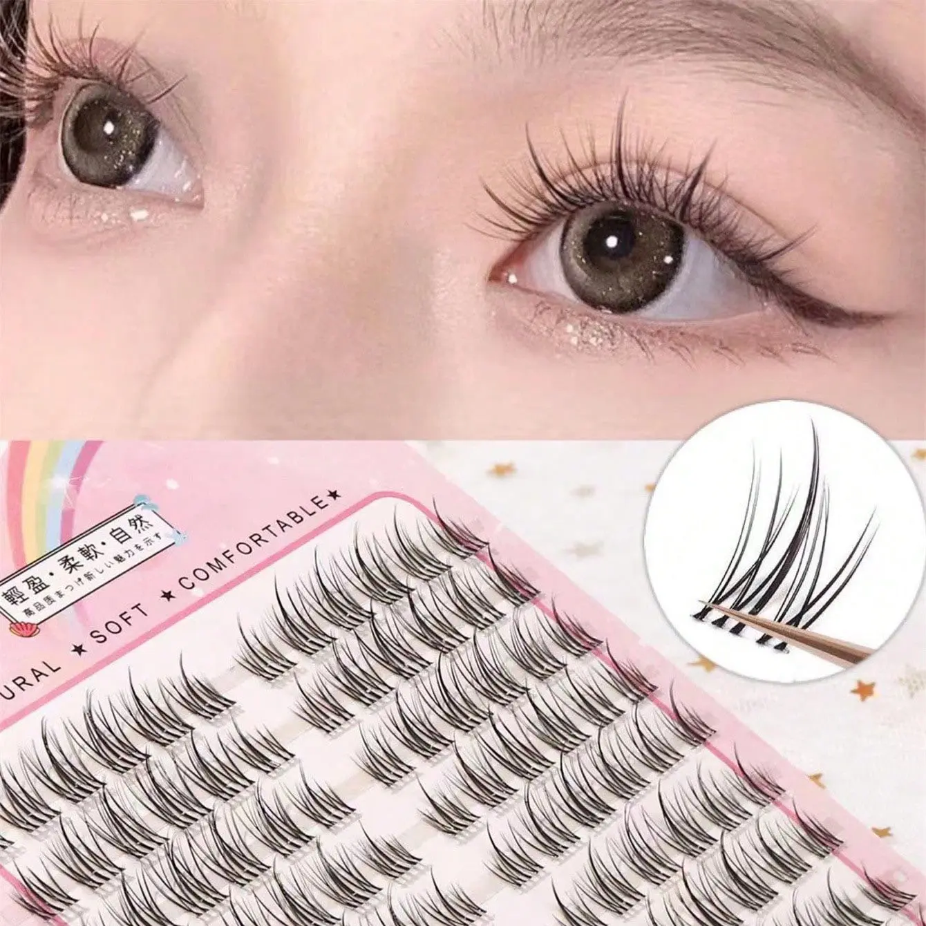 10 rows of independent eyelashes, Cluster false eyelashes, sunflower style false eyelashes, cartoon style, reusable, magnifying eye effect, Synthetic, Reusable Faux Lashes, Artificial Lashes