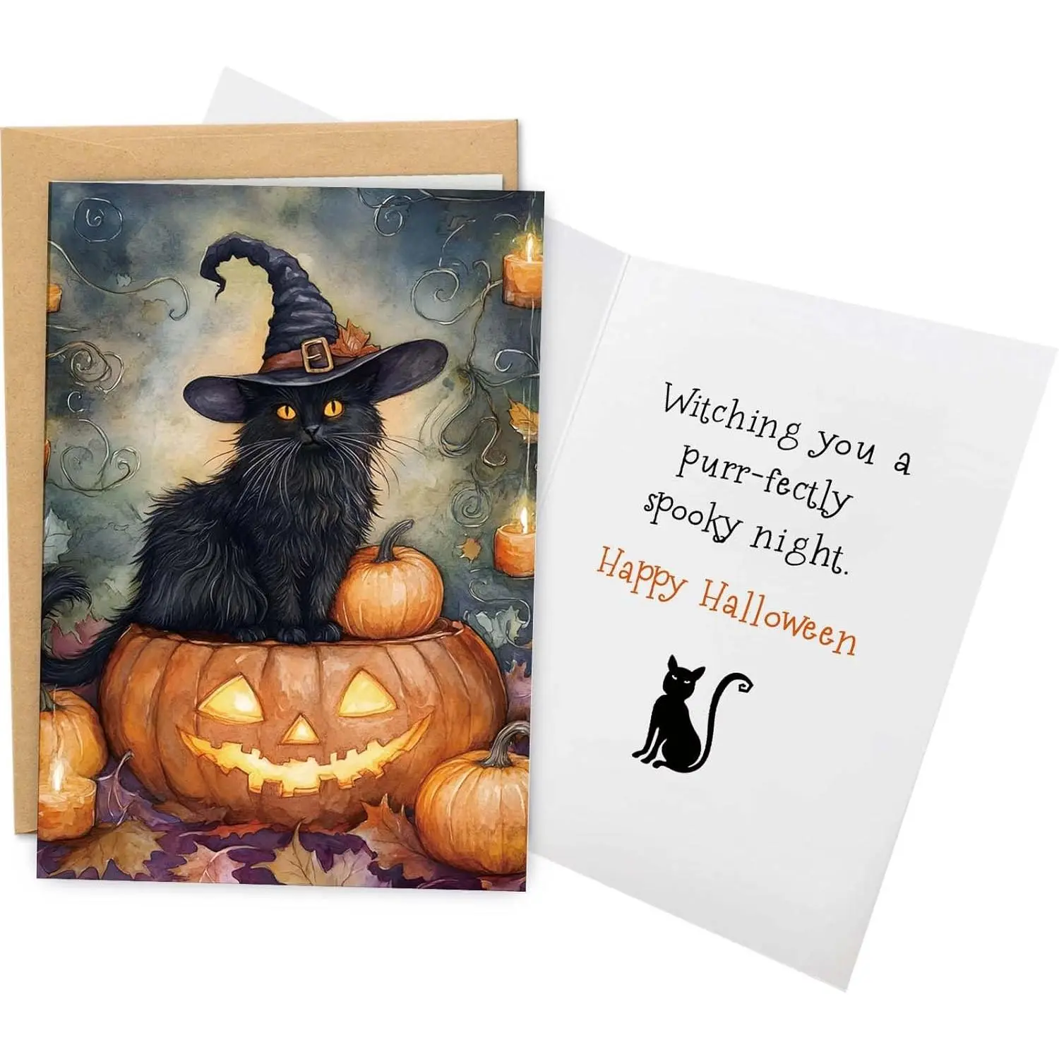 Witch Black Cat Halloween Card for Men Women, Creepy Halloween Card for Cat Lover