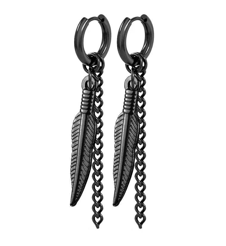 Black PVD Feather Dangle Earrings