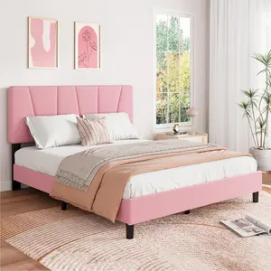 Full Size Bed Frame with 3-Level Adjustable Headboard for Girls, Linen Upholstered Platform Bed Frame with Wood Slat Support, Kids Bed, Noise-Free, Easy Assembly, No Box Spring Needed