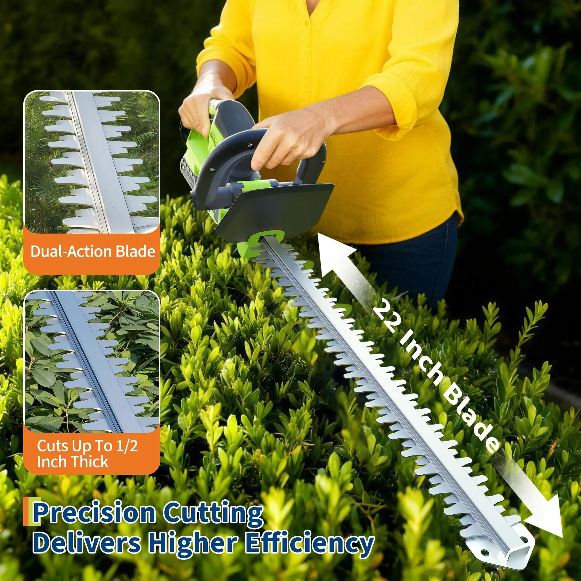 Wireless Hedge Trimmer, 22.4-Inch Blade – 20 V Brushless Motor, 2 x 2.0 Ah Batteries and Charger – Dual Safety Lock, Lightweight Anti-Rust Steel – Handheld Electric Bush and Shrub Cutter for Garden and Lawn