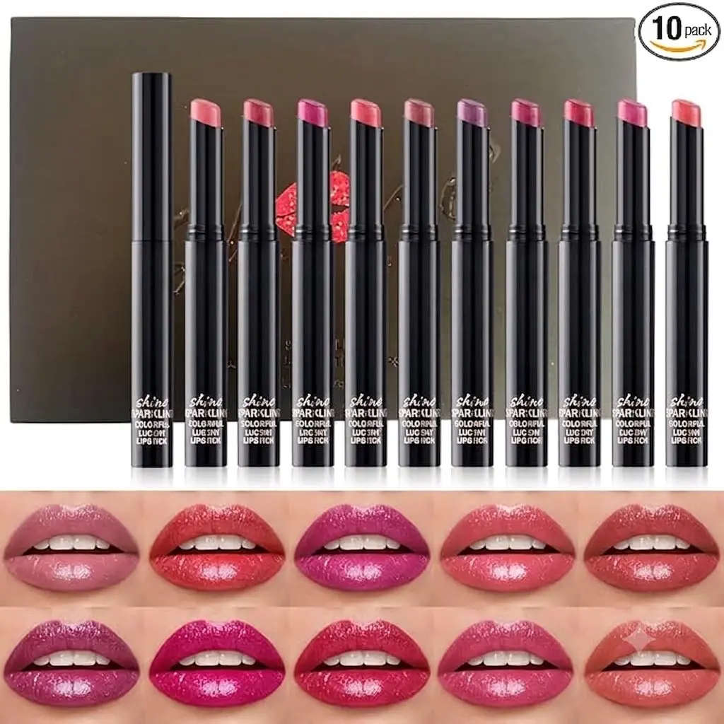Shimmer Lipstick Set, Fine Subtle Glitter, Long-Wearing & Moisturizing, Assorted Daily Wear Shades, Great Gift for Makeup Lovers（Shiny SetA