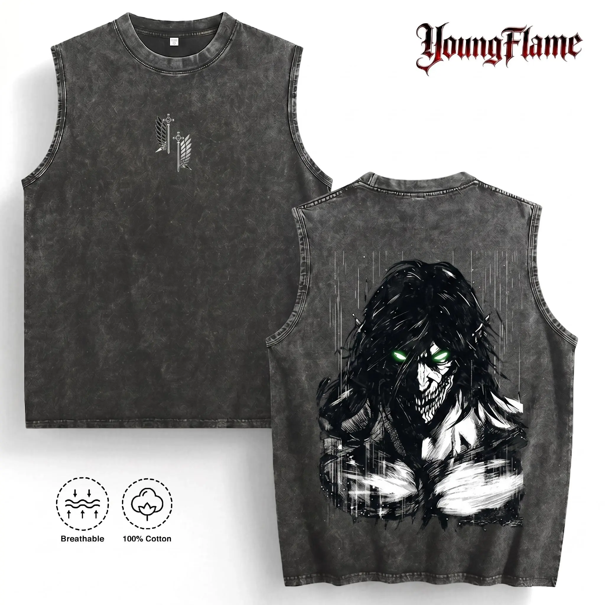 YoungFlame "Wings of Freedom" Dark Fantasy Vest | Anime Acid Wash Tank Top | 2026 Japanese Streetwear | Heavyweight Breathable Gym Top everyday shirt outdoorfun good graphic tees t-shirt menswear top vintage fashion t-shirt gift fashionable