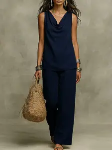 Women's V-Neck Casual Set, Pure Color Solid Summer, New Arrival 2026 Fashion, Ladies' Top Ensemble, Comfortable & Stylish, Womenswear, Minimalist, Elegance, Outfit