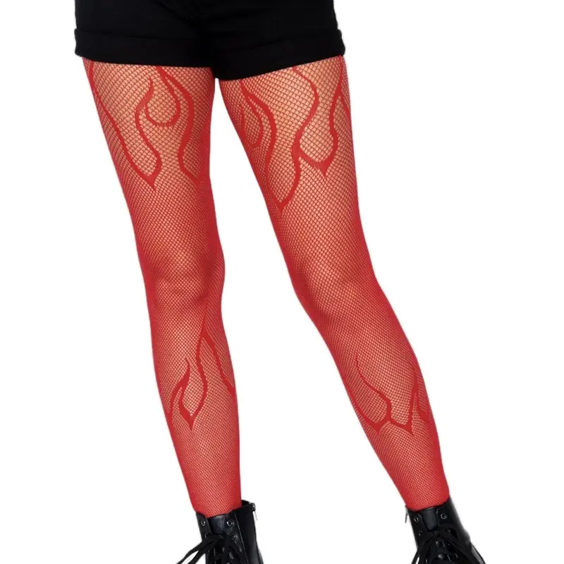 Flame Full Stockings - Red Fishnet with Flame Design for Bold Looks