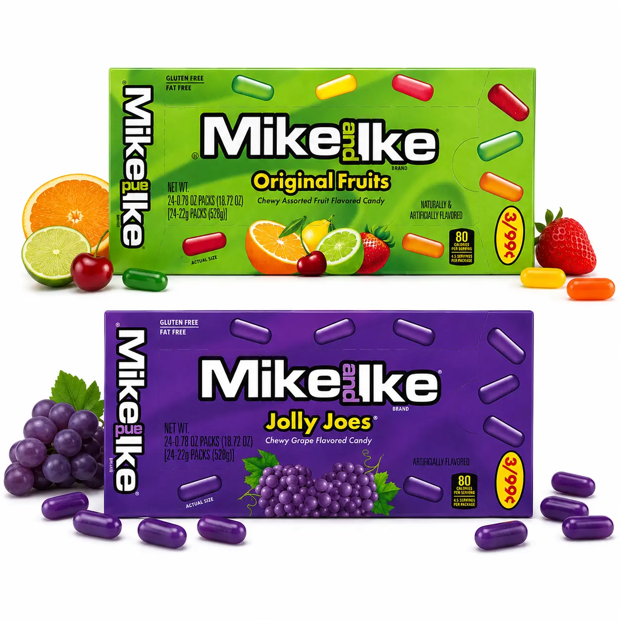 Mike and Ike Chewy Fruit Candy Value Pack - 24 Boxes of 0.78oz - Nostalgic Sweet Snack - Original, Jolly Joes, Grape, Mixed Fruit Candy Flavors - Soft Party Jar Fill Treat, Cupboard