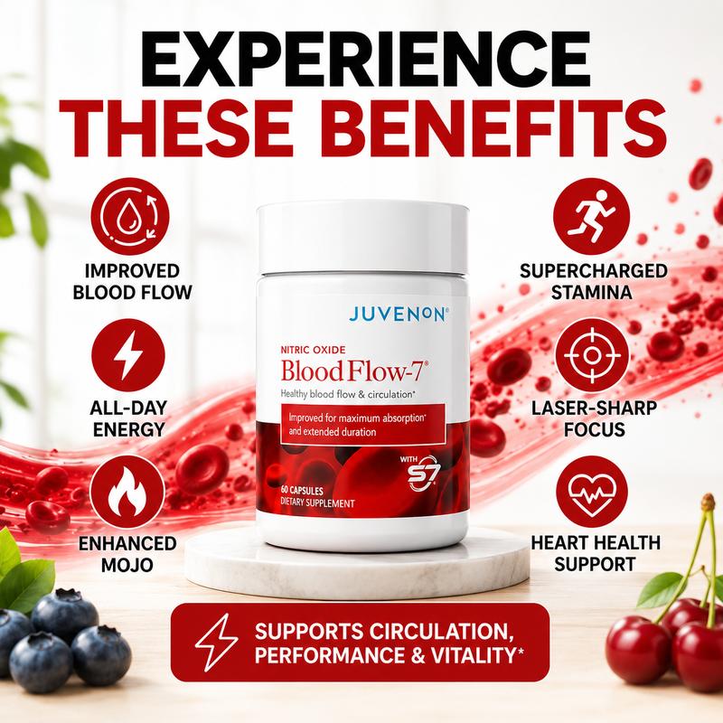 Juvenon BloodFlow-7 Nitric Oxide Booster – Blood Flow & Circulation Support Supplement with S7, Nitrosigine & Trans-Resveratrol – Supports Healthy Legs, Feet & Heart – Caffeine Free – 60 Capsules, 30-Day Supply