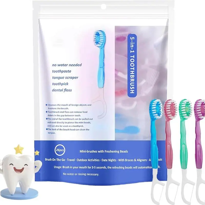 26 Count 5-in-1 Pre-Pasted Disposable Mini Toothbrush Kit, Infused Fresh Mint Toothpaste Built-in, Integrated Dental Floss, Tooth Pick & Tongue Scraper, Stain & Plaque Remover Portable Oral Care Set for Business Trips, Camping & Daily Travel