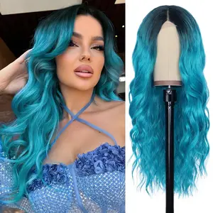 Long Ombre Bluish Green Wavy Wig for Women 26 Inch Middle Part Curly Wavy Wig Natural Looking Synthetic Heat Resistant Fiber for Daily Party Use (Ombre Bluish Green)