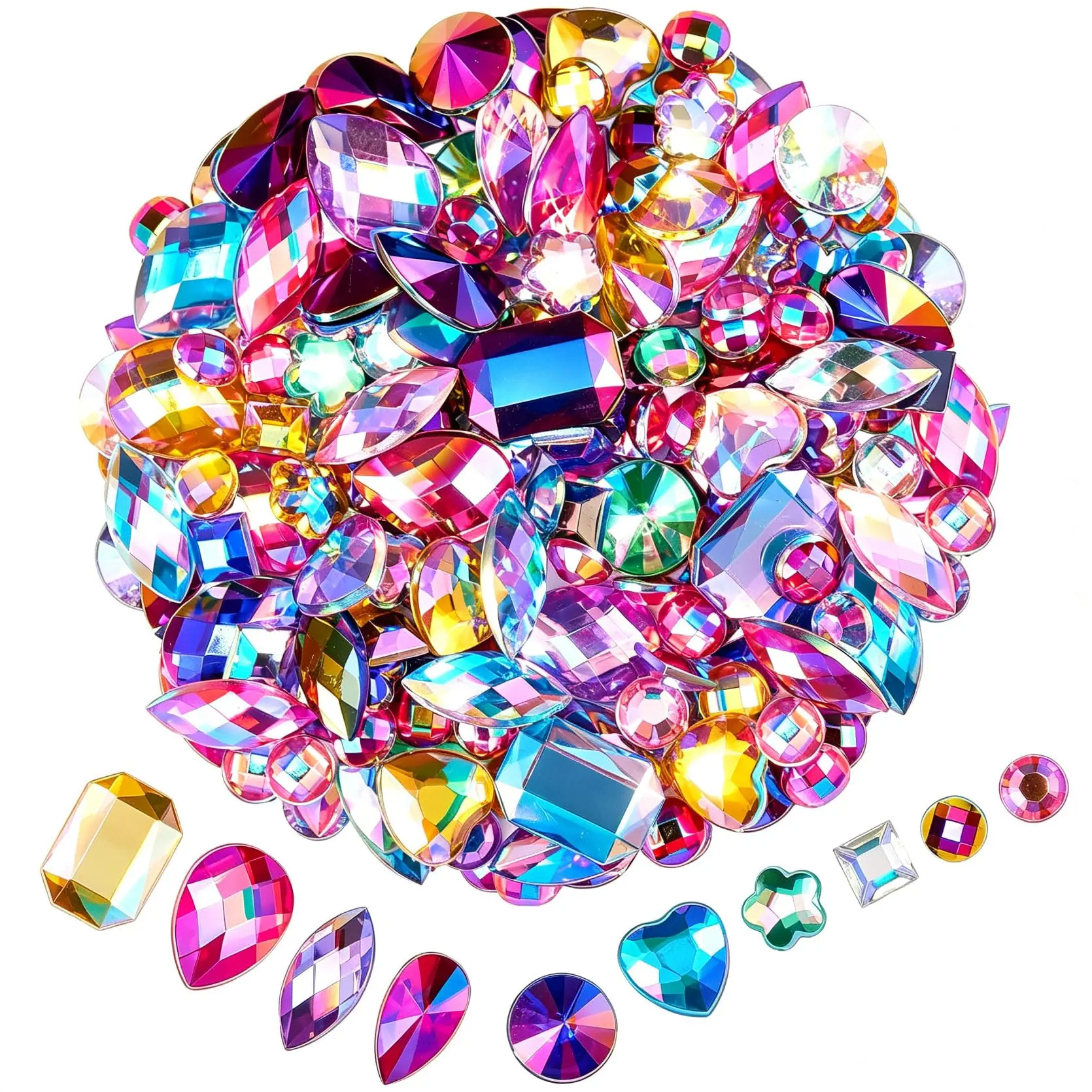1200 Pcs Flat Back Resin Rhinestones - AB Rainbow Effect Bedazzling Craft Gems, Mixed Shapes & Sizes DIY Supplies for Nail Art, Tumblers, Jewelry Making