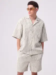 Men's 3D Textured Short Sleeve Shirt(Only), Cuban Collar Button Down Shirts Loose Fit Casual Streetwear for Summer S Size Khaki