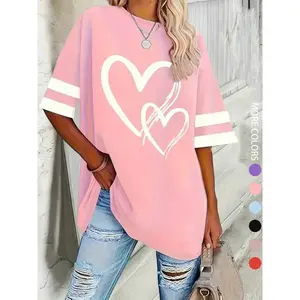 Women's casual round neck half sleeved heart-shaped T-shirt, comfortable and loose baseball top, perfect for daily wear, fashionable and versatile women's clothingRAIMENTRY