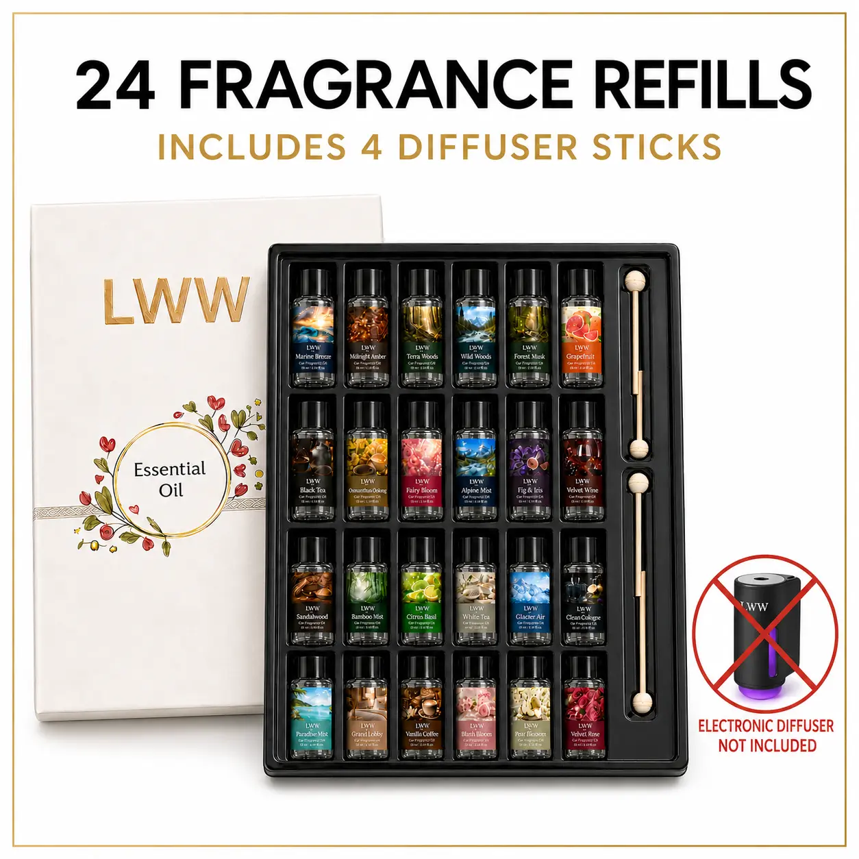 LWW 24-Pack Car Fragrance Refill Set, 10 mL Each, 24 Assorted Scents with 4 Diffuser Sticks & Gift Box, Electronic Diffuser Not Included