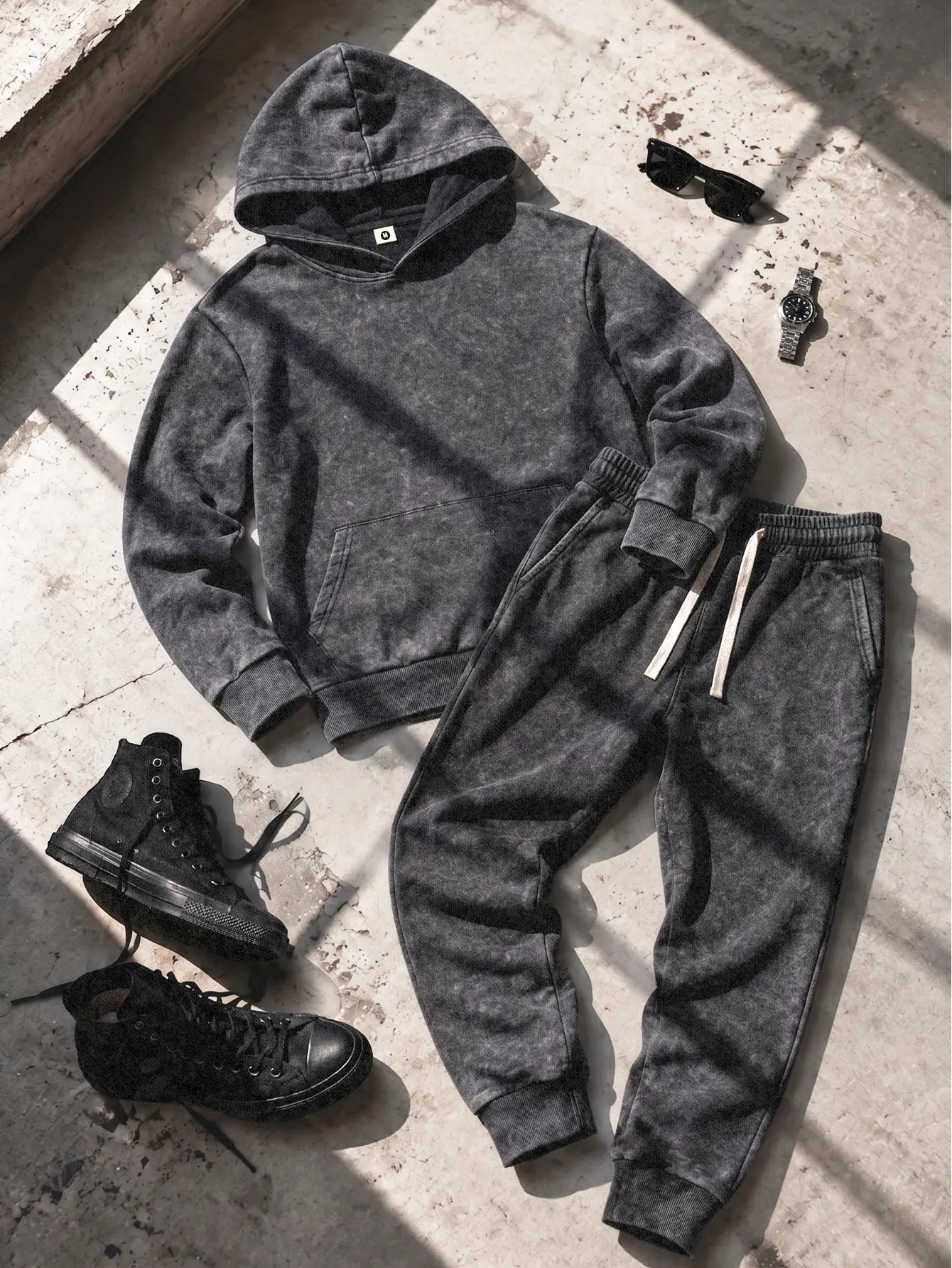 Men's Vintage Mineral Wash Hoodie & Jogger Set Soft Breathable Cotton Blend French Terry Long Sleeve 2 Piece Sweatsuit Relaxed Fit Casual Streetwear Tracksuit for Fall Winter, Lounge Travel Outfit Gift for Boyfriend or Husband Blue Clothes Menswear Pants