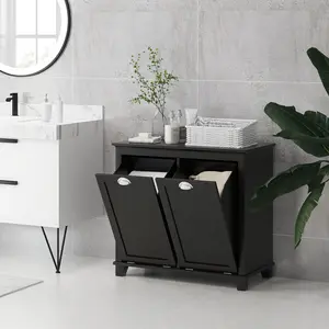 Black Bathroom Floor Cabinet, Modern Freestanding Storage Organizer with 2-Compartment Tilt-Out Laundry Hamper, Hidden Dirty Clothes Basket for Towels, Toiletries & Linen, Ideal for Bathroom, Laundry Room