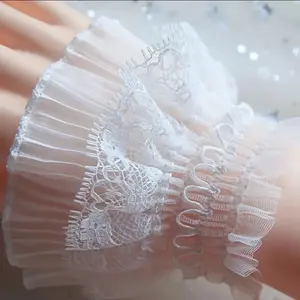 Victorian Lace Ruffle Cuffs, White Pleated Sleeve Bands with Floral Pattern, 1 Pair genderless vintage costume accessories