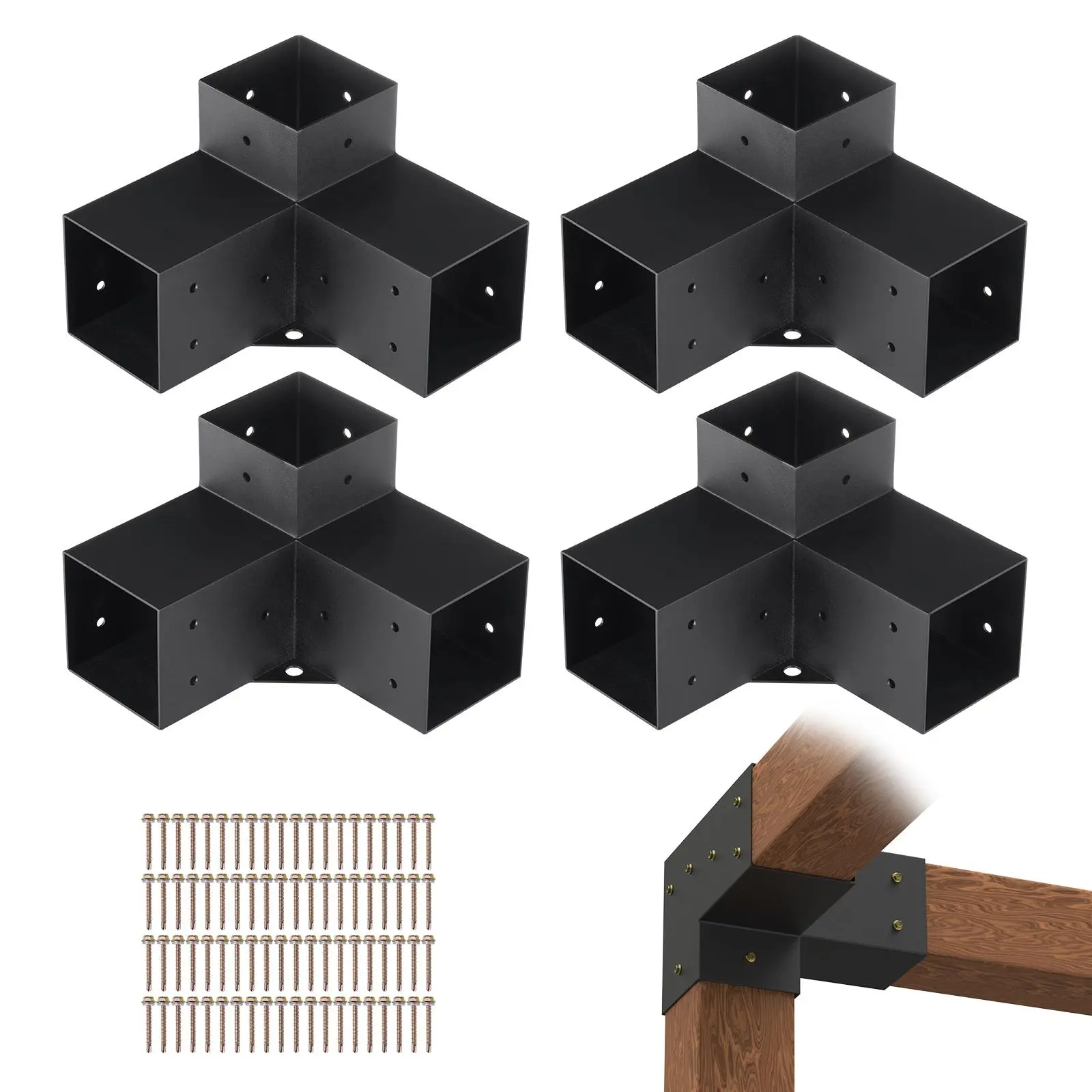 【SummerFinds】VEVOR Carbon Steel 4-Steel Pergola Bracket Kit, 4"x4" Corrosion-Proof 3-Way Heavy-Duty Corner Brackets + Screws, 80 Drill Tail Screws, DIY Woodwork Post Base for Gazebos, Patio Log Cabins, Easy-Install Hardware