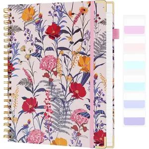 College Ruled Notebook - Hardcover Spiral Notebook 8.5" x 11" - Lined Journal Notebook for Women - A4 Large Notebooks for Writing - Pretty Journal Flower Notebook for Work - Diary - 24 Tabs - Red