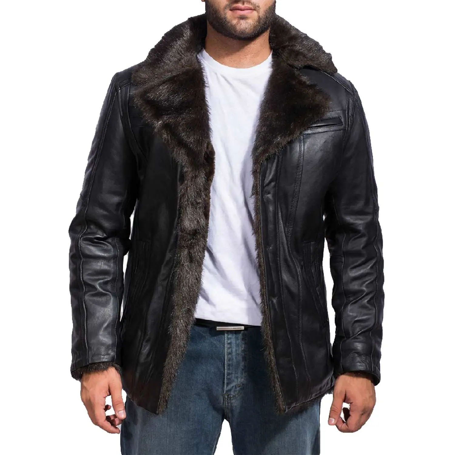 MotorCycleJackets Men's Black Fur Collar Bomber Leather Jacket