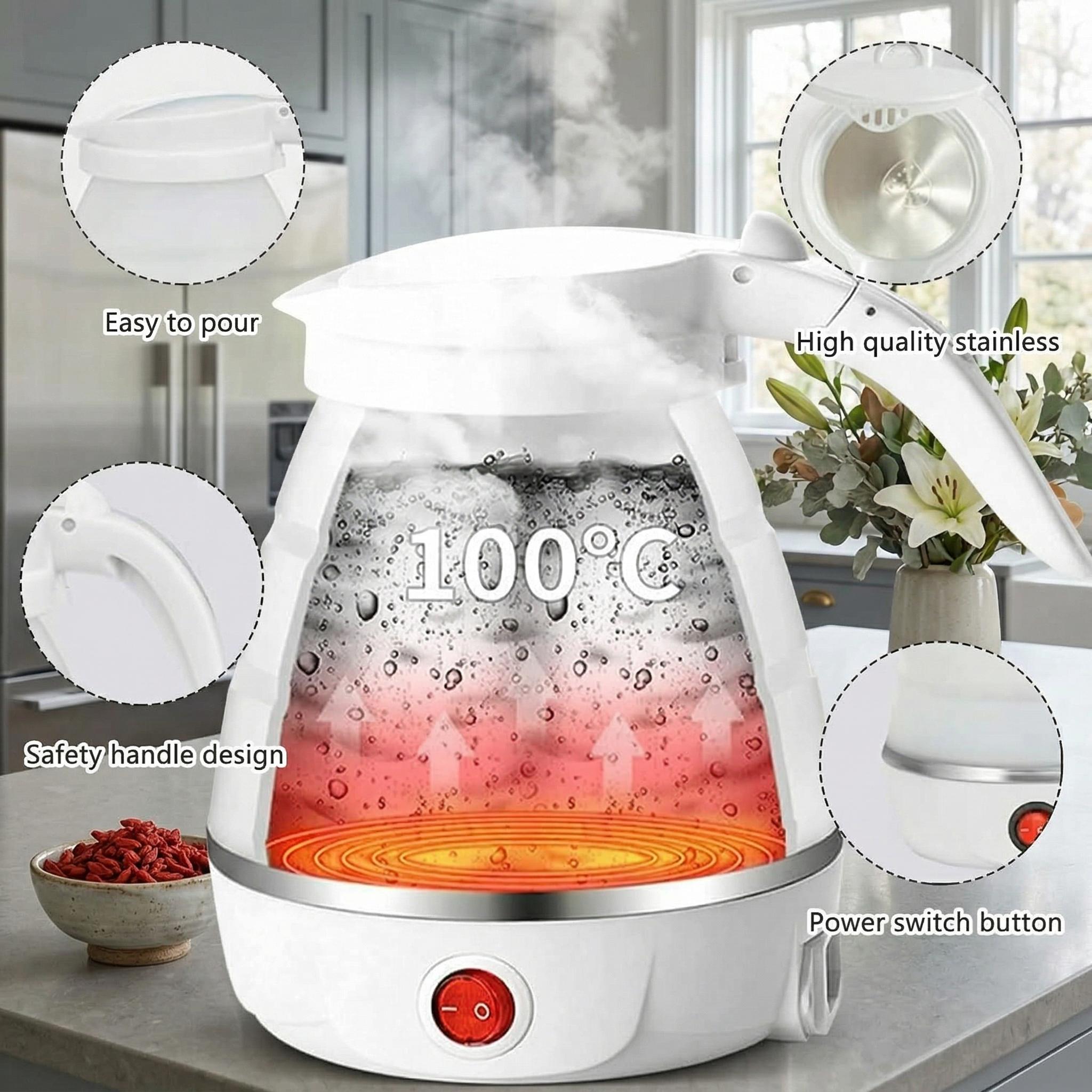 UpdateClassic 0.6L Portable Foldable Electric Kettle Compact Travel Hot Water Boiler for Coffee Tea White Lightweight & Practical - Mug