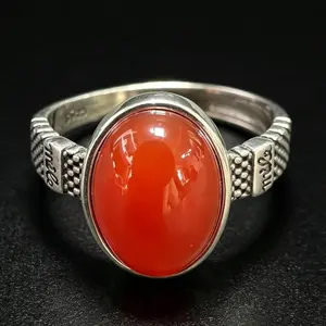 Vintage Mesh Band 925 Sterling Silver Natural Carnelian Adjustable Ring