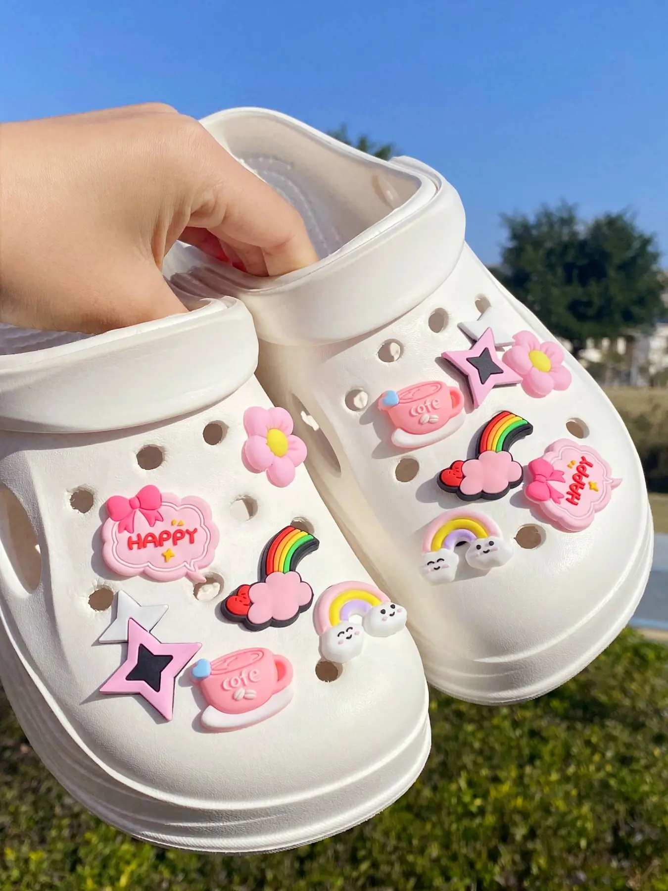 12 Piece PVC Rainbow Star Flower Happy Shoe Decorations, Detachable DIY Sparkling Shoe Charms Shoe Accessories for Sandals Flip Flops Beach Bags, Day Gifts