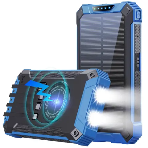 GOODaaa W22BLU 36000mAh Waterproof Dust-Proof Solar Power Bank - 4 Built-in Cables, 6 Outputs, 3 Inputs, 15W Fast Charging, Dual Flashlights, Carabiner, Wireless All-in-1 Charger & Light, Smartphone Charging Solution for Mobile Devices