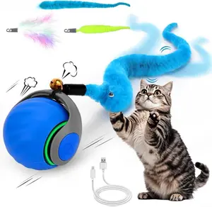 Interactive Cat Toy Ball with Feather Tails for Chasing Moving Stimulation Smart Cat Toy for Enrichment Motion Activated Automatic Rolling Toys to Keep Them Busy Rechargeable for Prolong Play