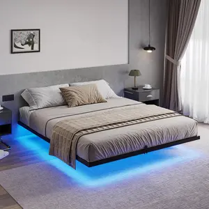 Sikaic Queen Size Floating Bed Frame with LED Lights, Metal Platform Bed, No Box Spring Needed, Black