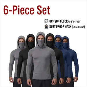 6-Piece Men's UPF 50+ Fishing Shirts Long Sleeve Sun Hoodie with Neck Gaiter - Quick Dry UV Protection Outdoor Activewear
