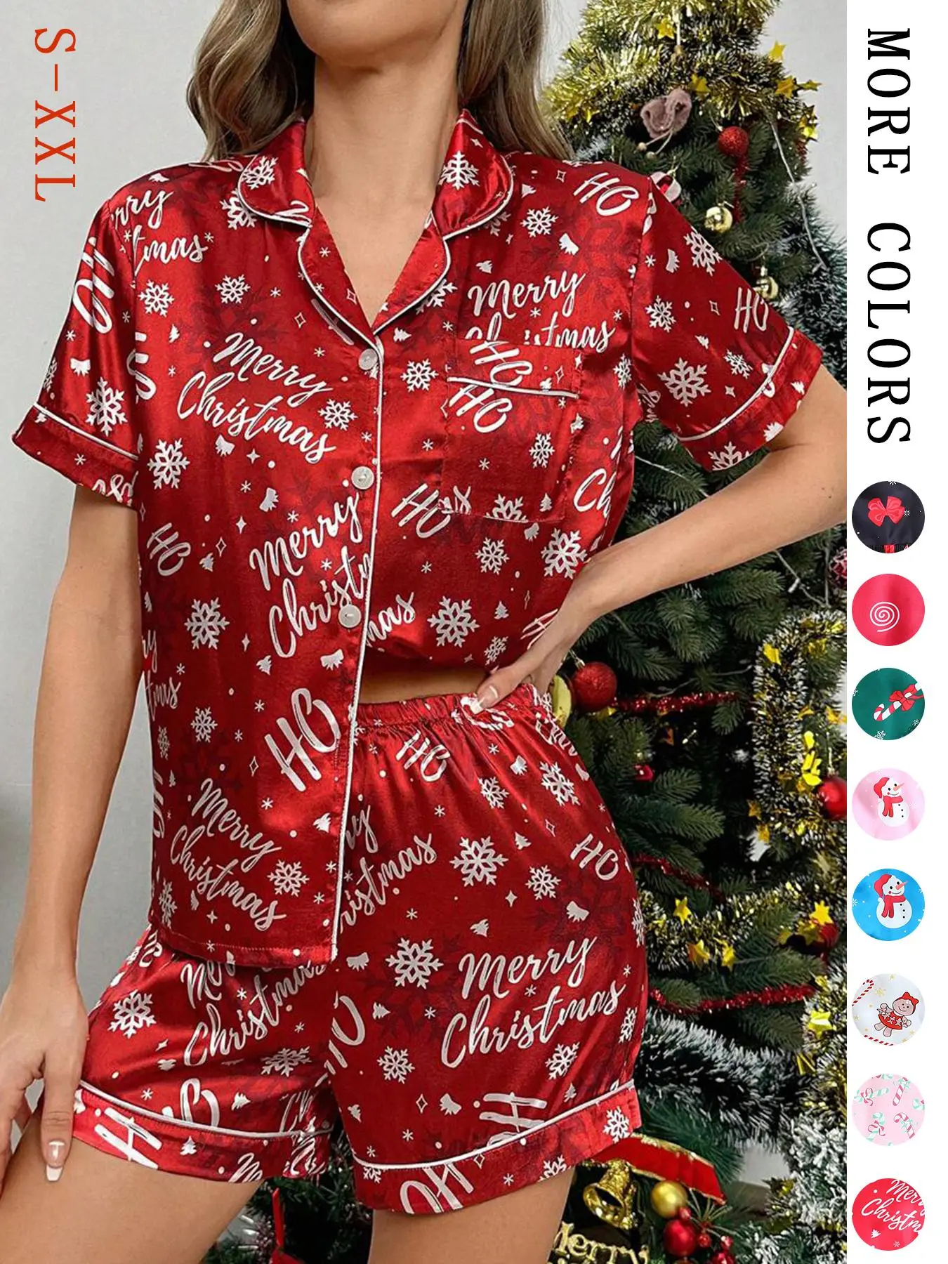 Two-Piece Set Women's Christmas Print Lapel Neck Pocket Shirt & Elastic Waist Shorts Pajama, Casual Comfy Short Sleeve Button Up Top & Shorts PJ Set,