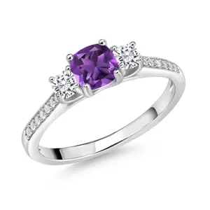 Gem Stone King 925 Sterling Silver Gemstone Birthstone and White Moissanite Ring | 5MM and 3MM Cushion | 3-Stone Wedding Engagement Anniversary Ring For Women | Available In Size 5, 6, 7, 8, 9