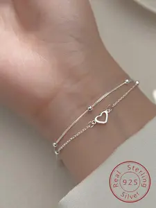 S925 Sterling Silver Heart Design Double Layered Bracelet for Women, Exquisite Trendy Link Bracelet, Chic Gorgeous Jewelry As Gift for Girlfriend, Heart Shaped Bracelet